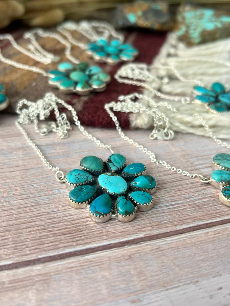 Handmade Sterling Silver Sonoran Tibetan Turquoise Cluster Necklace "Signed Nizhoni"