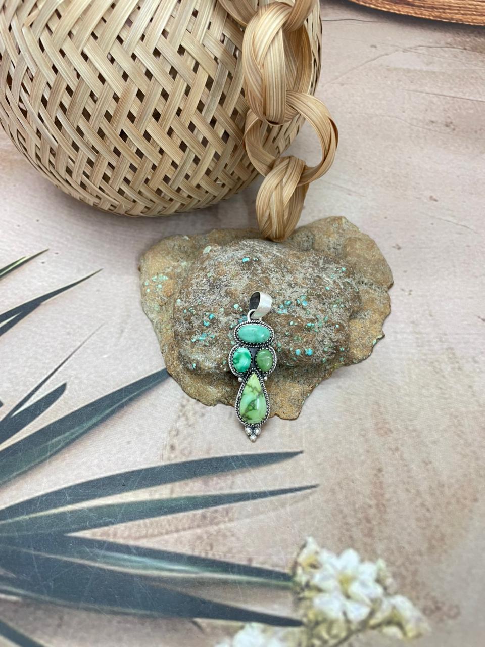 Handmade Sterling Silver Emerald Valley Pendant with Signed Nizhoni