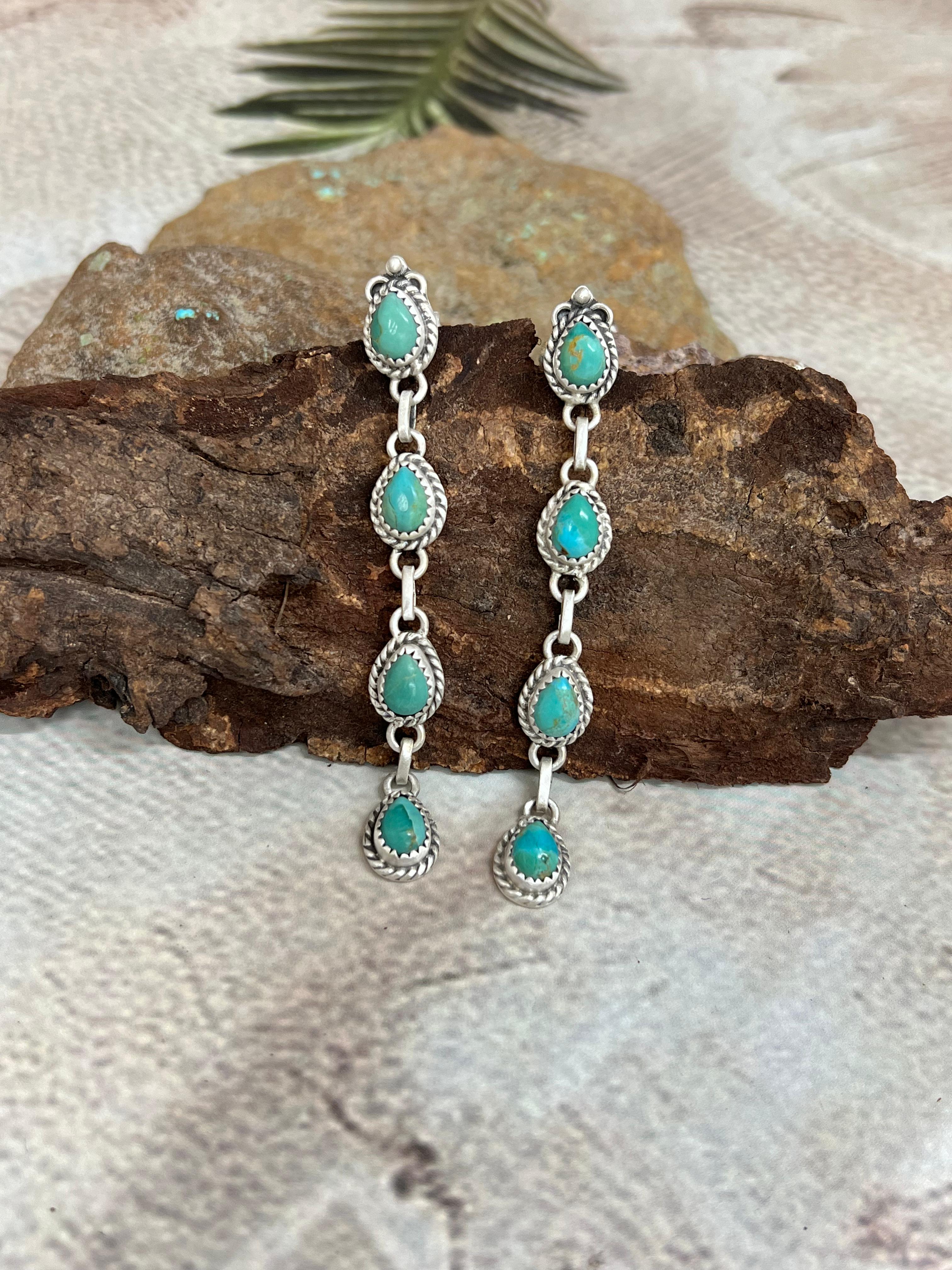 Handmade Sterling Silver Kingman Turquoise Post Dangle Earrings with Signed Nizhoni