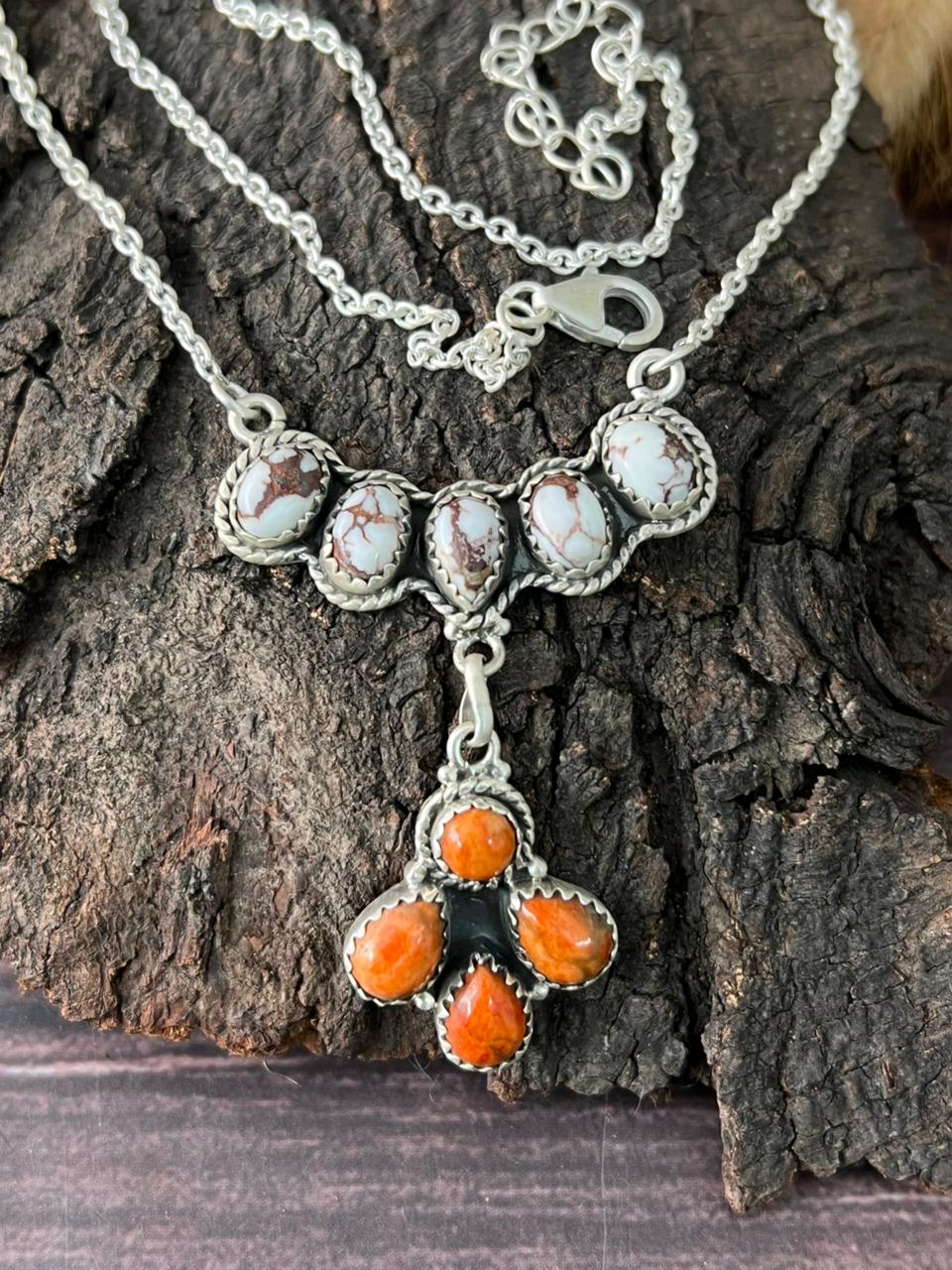 Handmade Sterling Silver Orange Mojave with Wildhorse Magnesite Necklace "Signed Nizhoni"