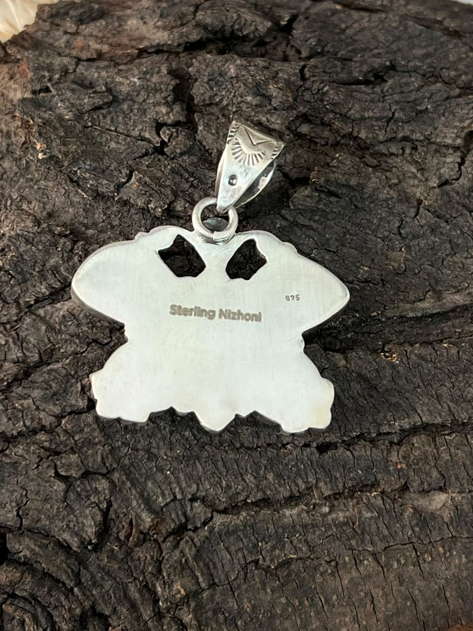 Handmade Sterling Silver Sonoran Mountain Turquoise with Bumblebee and White Buffalo Spring Collection: Butterfly Pendant Signed Nizhoni