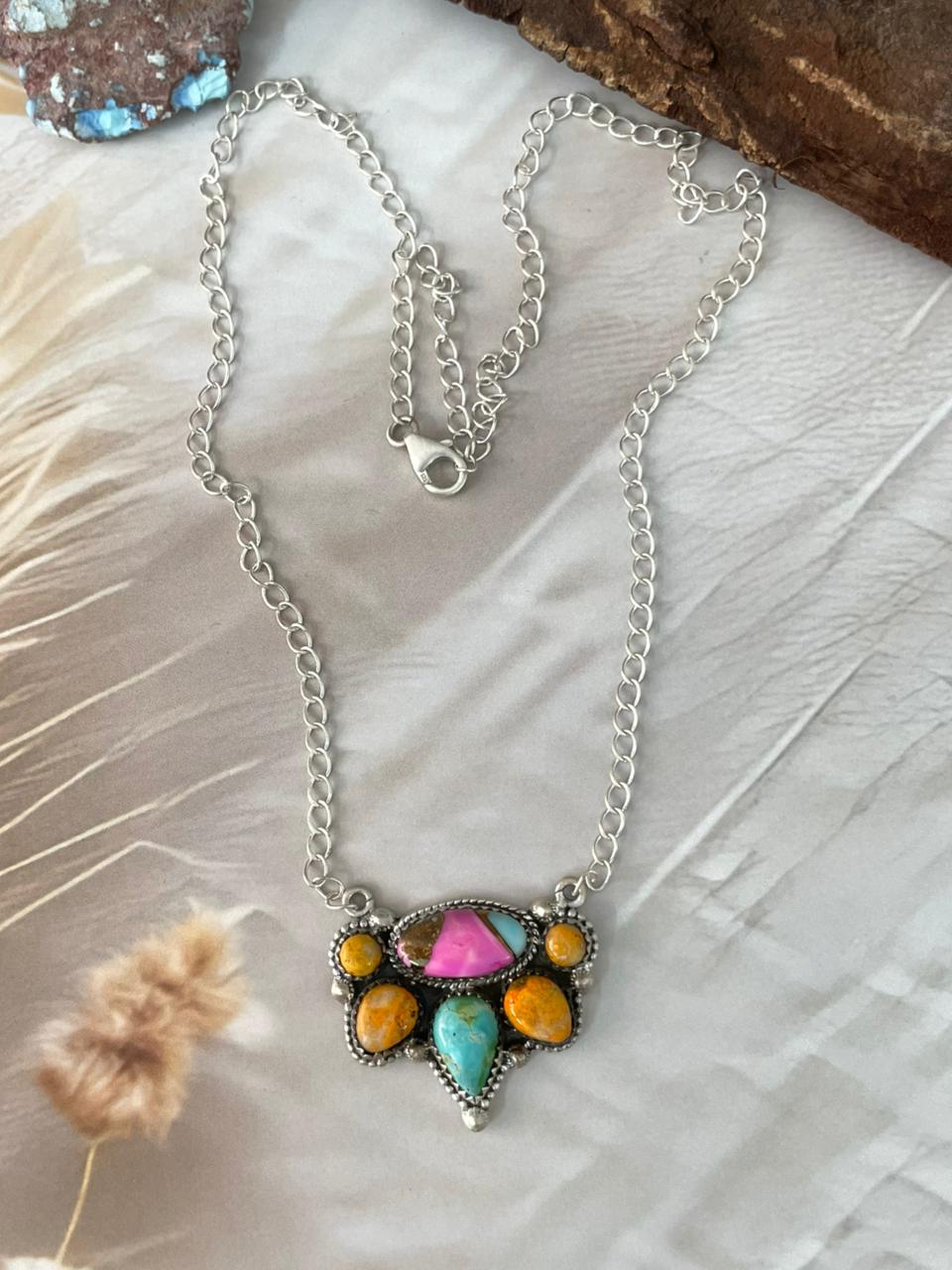 Handmade Sterling Silver Spring Collection: Bumblebee with Cotton Candy & Sonoran Mountain Turquoise Necklace "Signed Nizhoni"