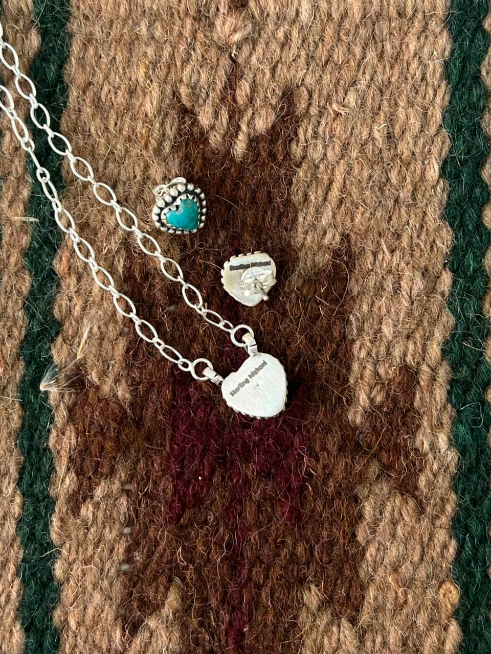 Handmade Sterling Silver Kingman Turquoise Heart Necklace and Earrings Set Signed Nizhoni