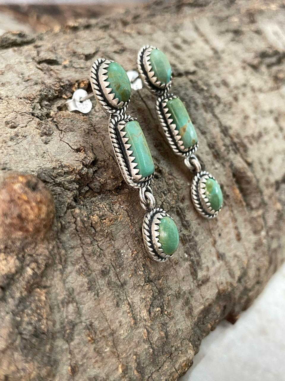 Handmade Sterling Silver Kingman Turquoise Post Dangle Earrings "Signed Nizhoni"