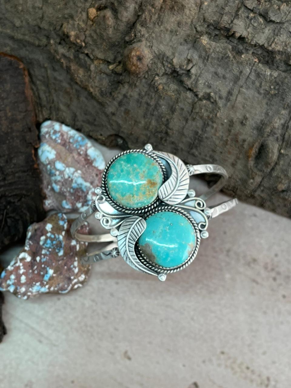 Handmade Sterling Silver Mantis Turquoise Cuff Bracelet with Signed Nizhoni