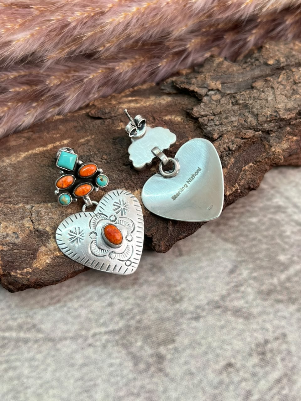Handmade Sterling Silver Kingman Turquoise with Orange Mojave Post Dangle Heart Earrings Signed Nizhoni