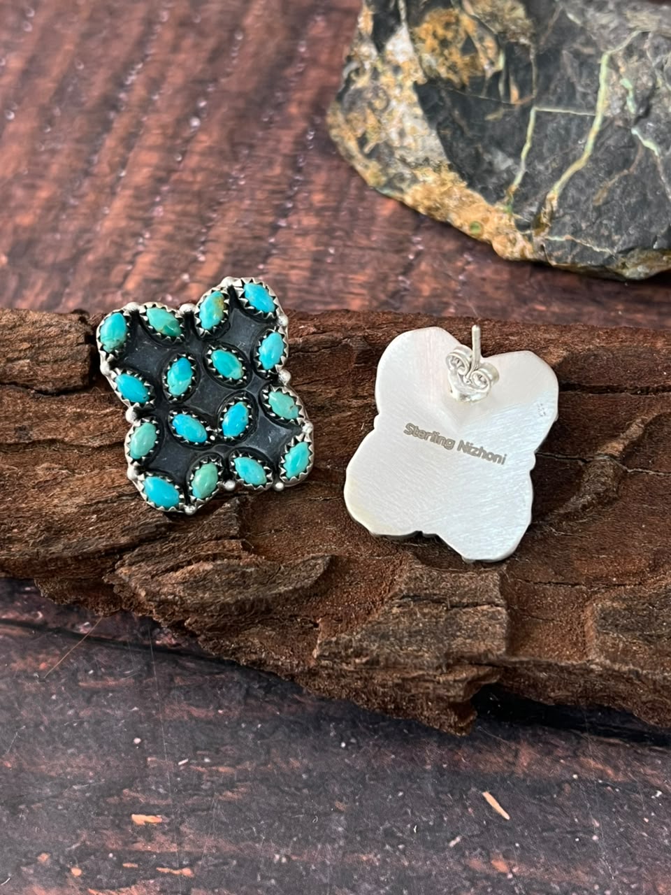 Handmade Sterling Silver Kingman Turquoise Post Studs Earrings Signed Nizhoni