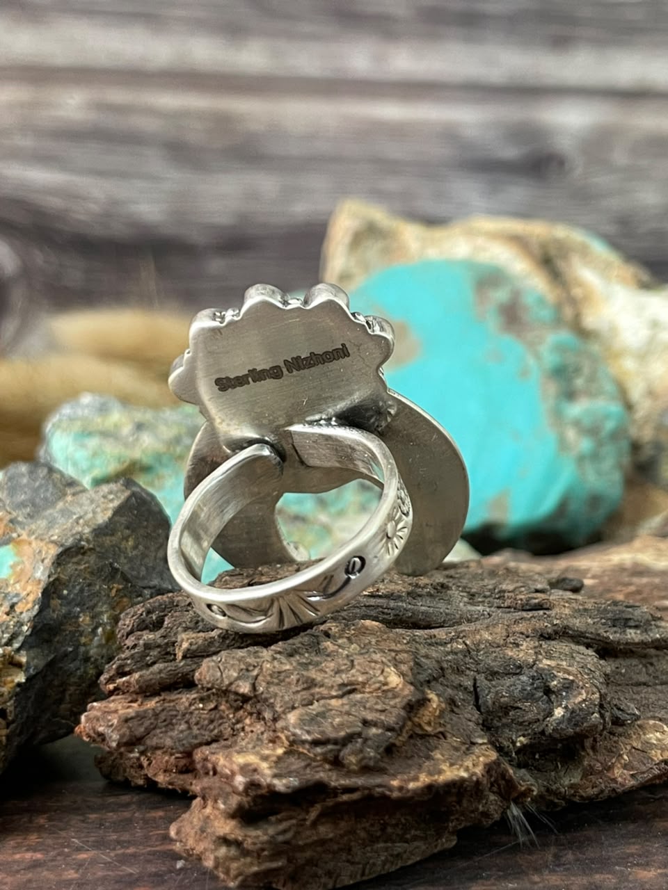 Handmade Sterling Silver Kingman Turquoise NFR Collection: Naja Adjustable Ring Signed Nizhoni