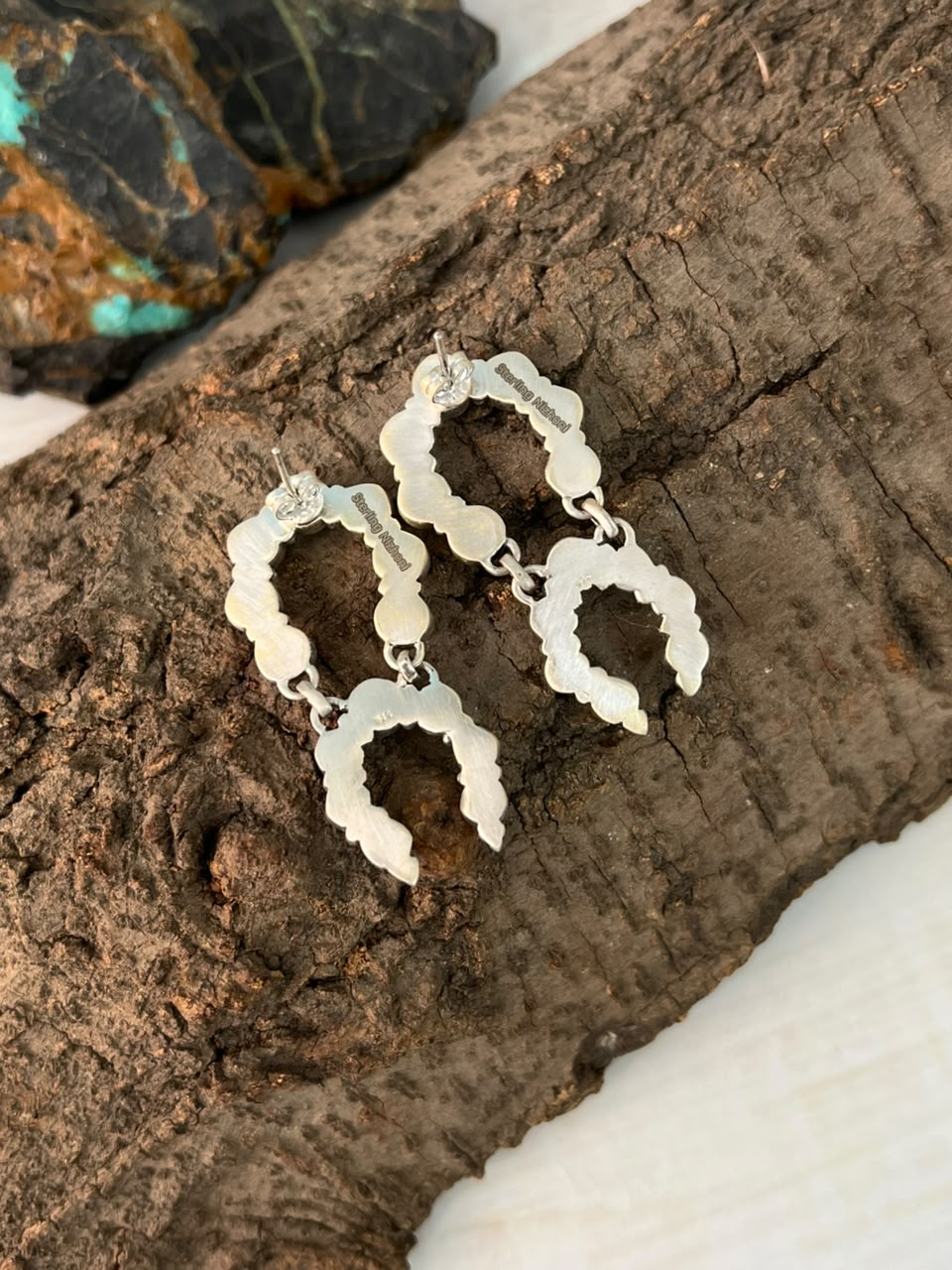 Handmade Sterling Silver Kingman Turquoise with White Buffalo Post Dangle Earrings Signed Nizhoni