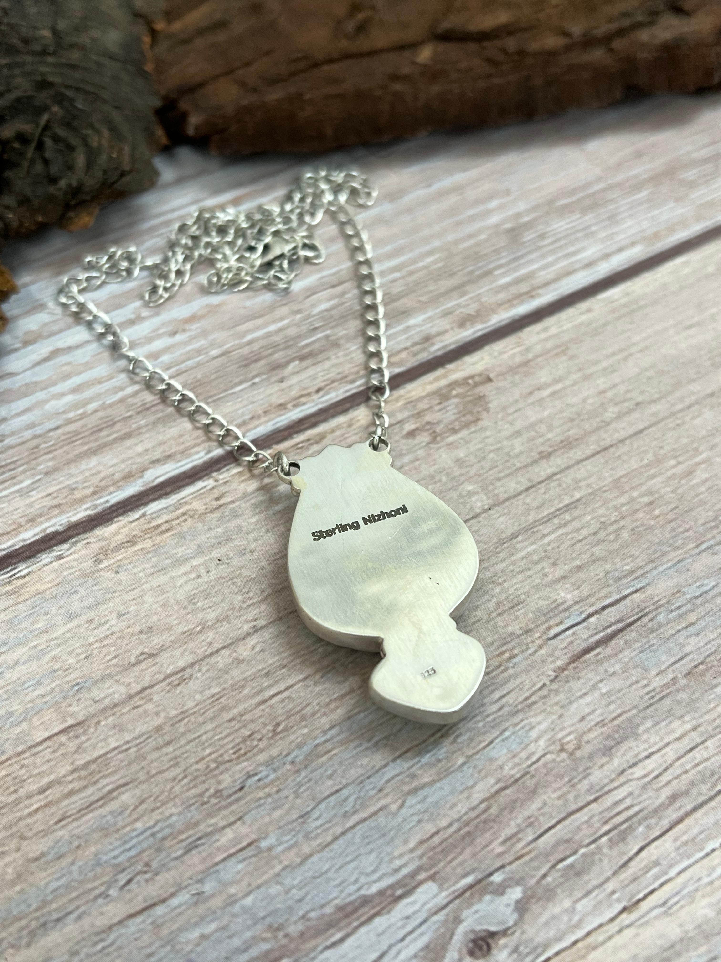 Handmade Sterling Silver Emerald Rose Necklace with Signed Nizhoni