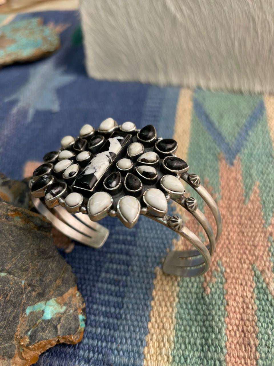 Handmade Sterling Silver White Buffalo Cuff Bracelet "Signed Nizhoni"