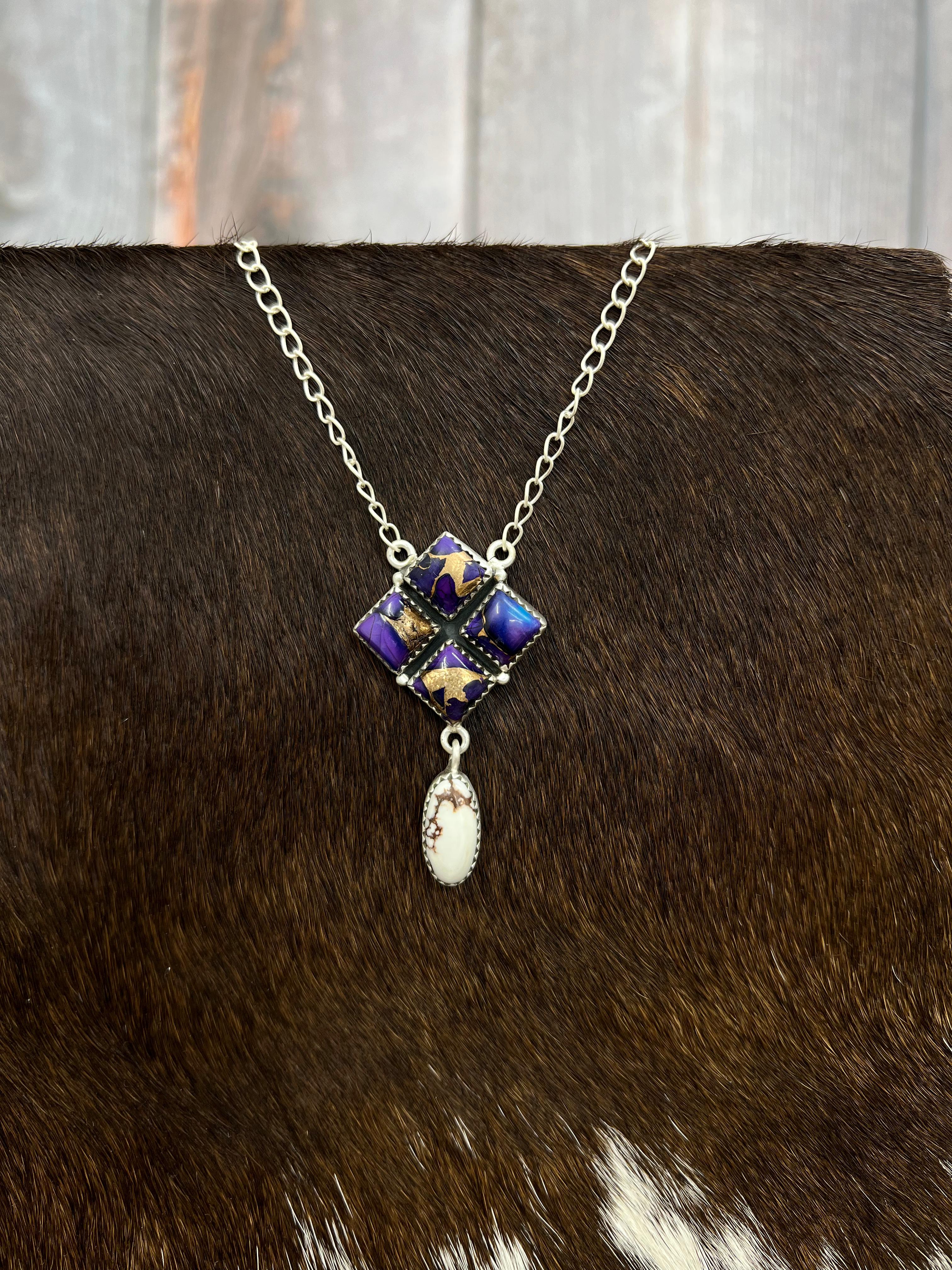 Handmade Sterling Silver Grape Dahlia with Wild Horse Necklace with Signed Nizhoni