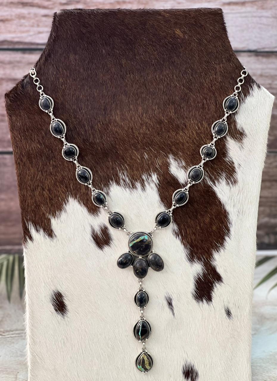 Handmade Sterling Silver Blackjack Turquoise Drop Necklace "Signed Nizhoni"