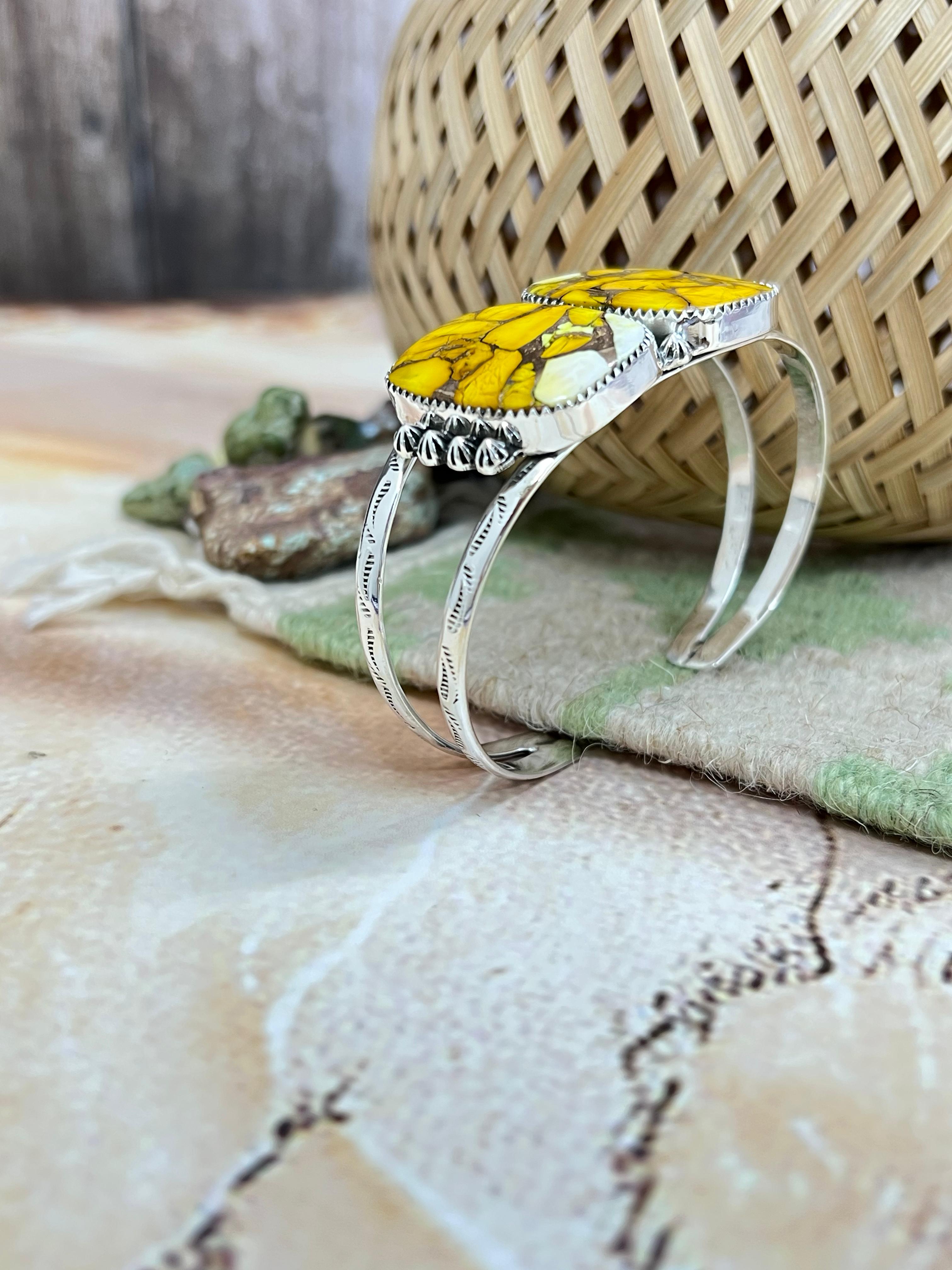 Handmade Sterling Silver Honey Dahlia Cuff Bracelet with Signed Nizhoni