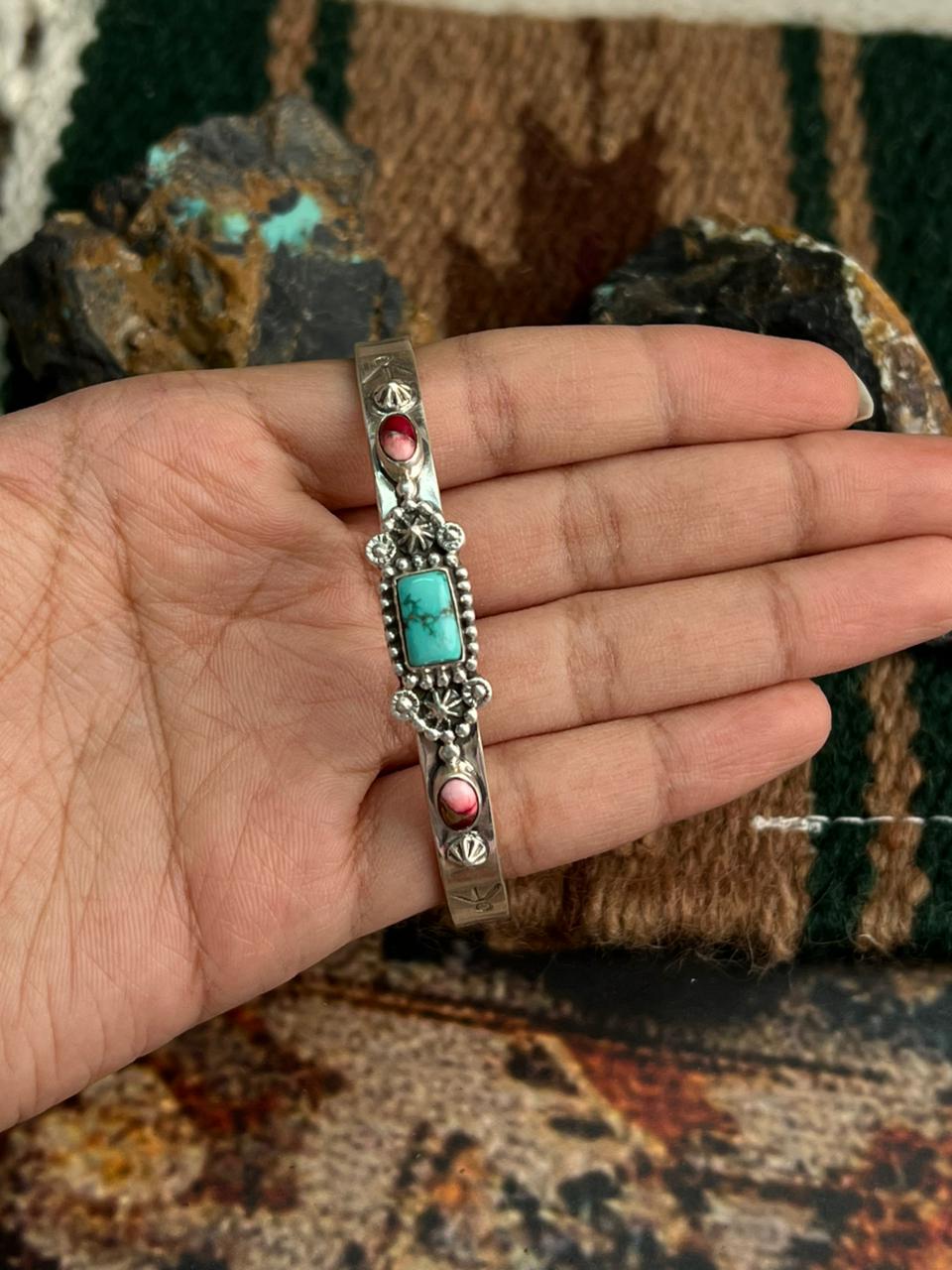 Handmade Sterling Silver Dahlia Rose with Emerald Valley Turquoise Cuff Bracelet "Signed Nizhoni"