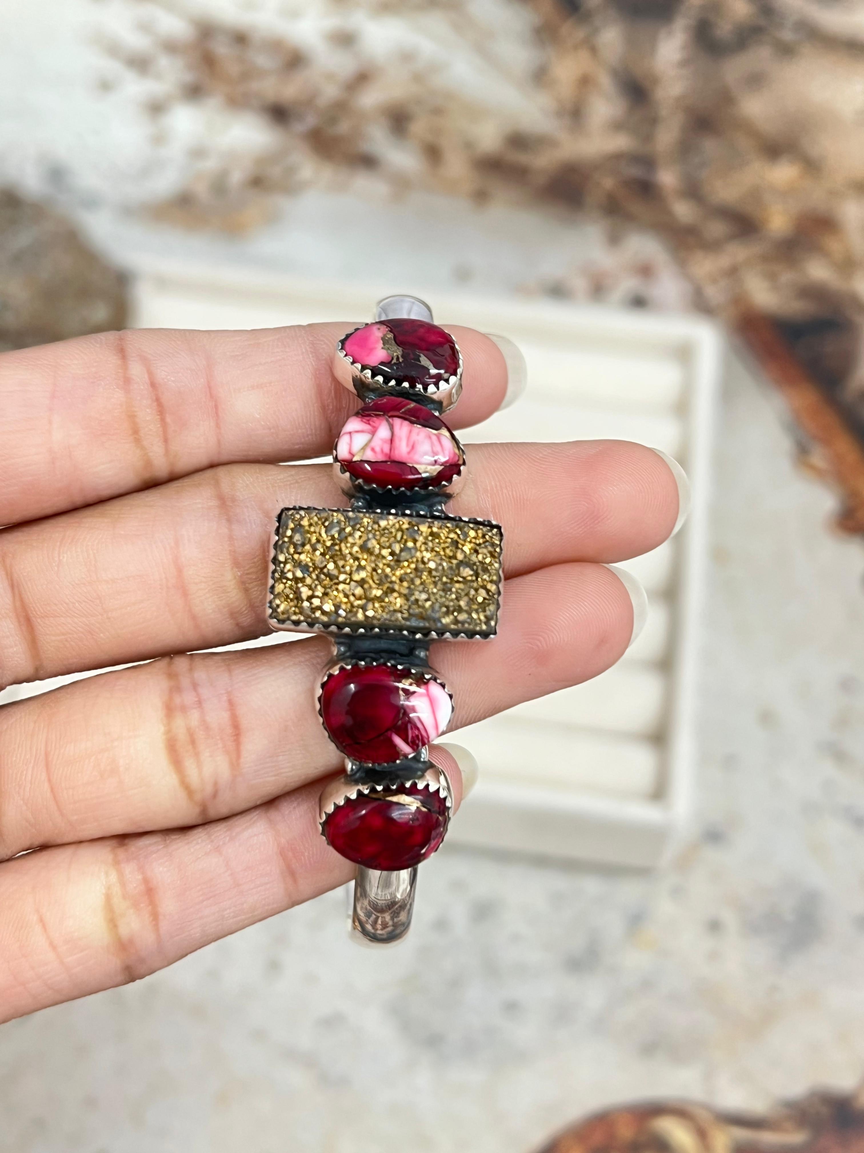 Handmade Sterling Silver Rose Dahlia with Druzy Bracelet with Signed Nizhoni