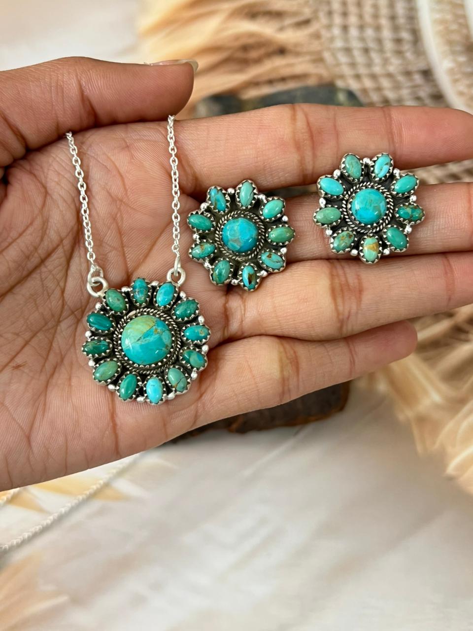 Handmade Sterling Silver Kingman Turquoise Necklace Earrings Set "Signed Nizhoni"