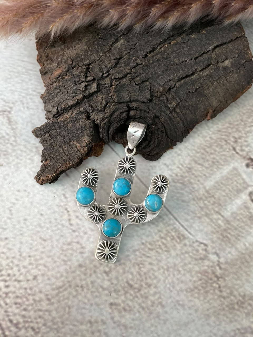 Handmade Sterling Silver Kingman Turquoise Cactus Pendant Signed Nizhoni (5)