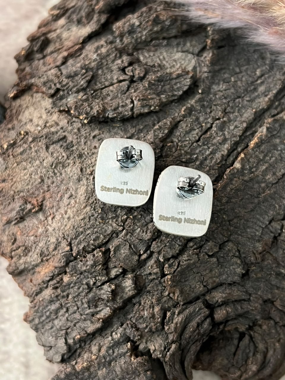 Handmade Sterling Silver Campitos Turquoise Collection: Post Studs Earrings Signed Nizhoni