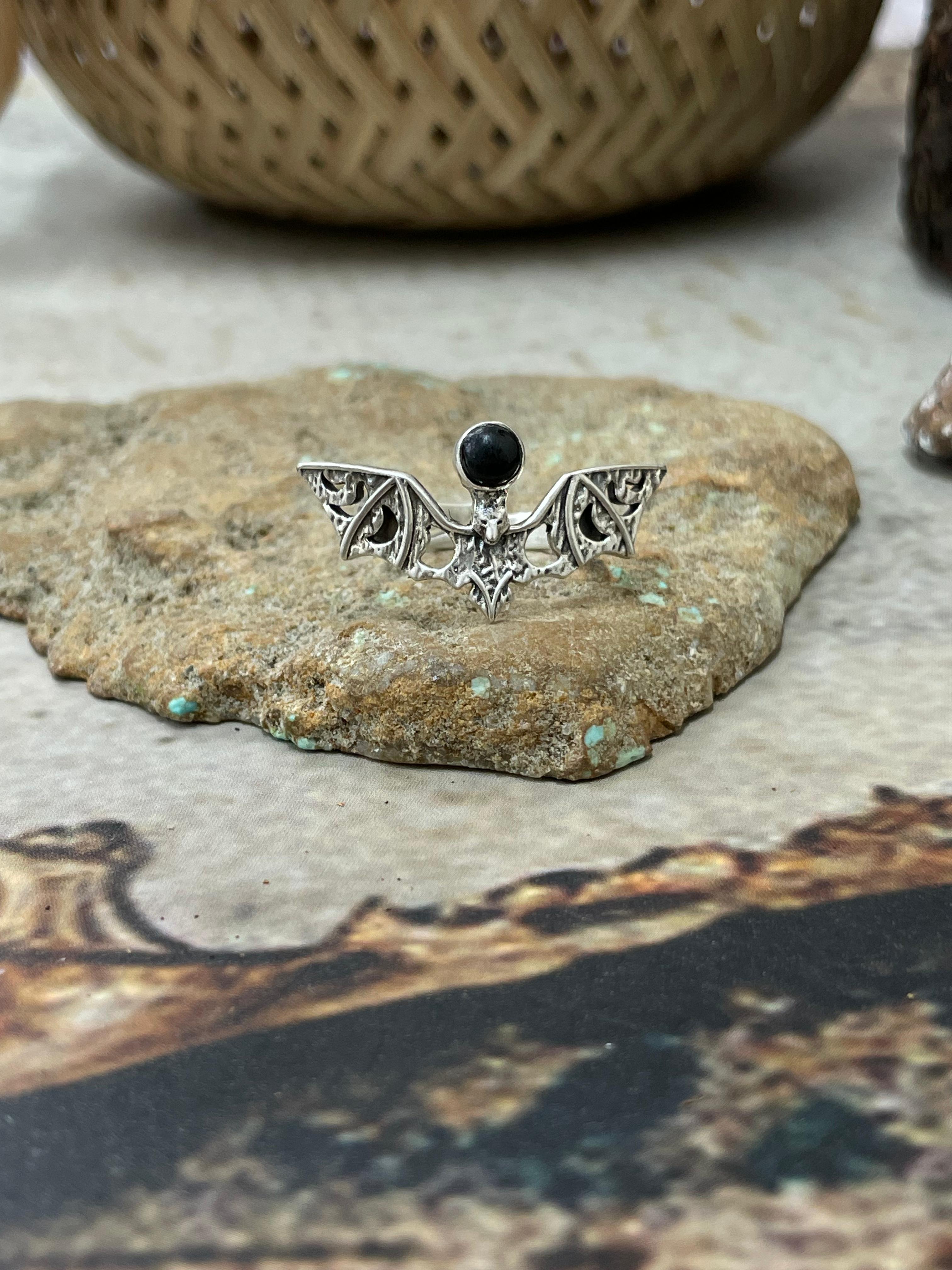 "Halloween Collection" Handmade Sterling Silver Black Onyx Bat Ring with Signed Nizhoni