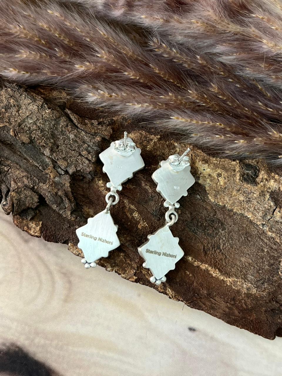 Handmade Sterling Silver Kingman Turquoise Post Dangle Earrings Signed Nizhoni