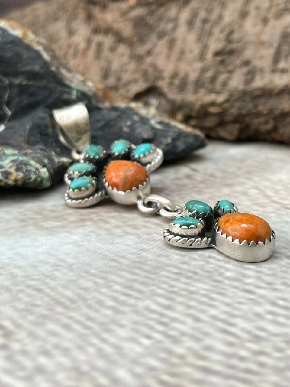 Handmade Sterling Silver Kingman with Orange Mojave Pendant "Signed Nizhoni"