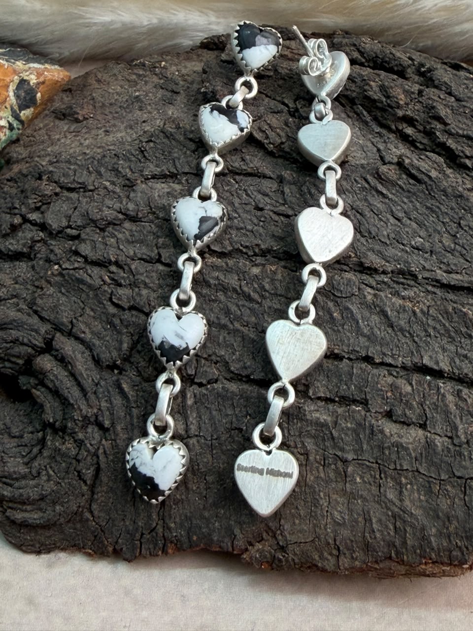 Handmade Sterling Silver White Buffalo Post Dangle Earrings Signed Nizhoni