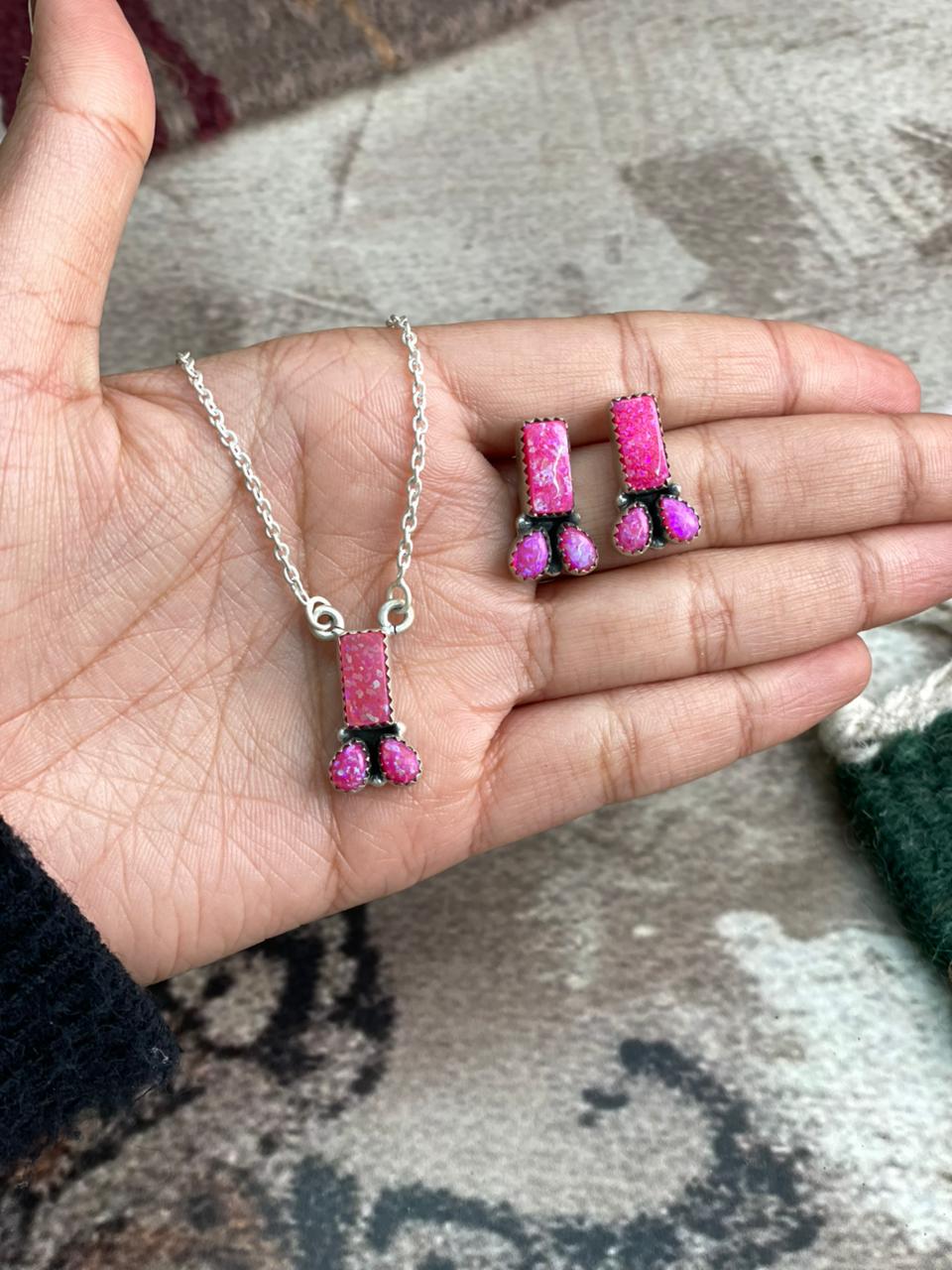 Handmade Sterling Silver Hot Pink Necklace Earrings Set "Signed Nizhoni"