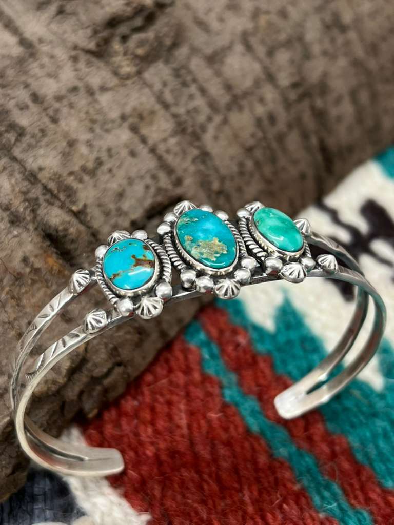 Handmade Sterling Silver Emerald Valley Turquoise Bracelet with Signed Nizhoni