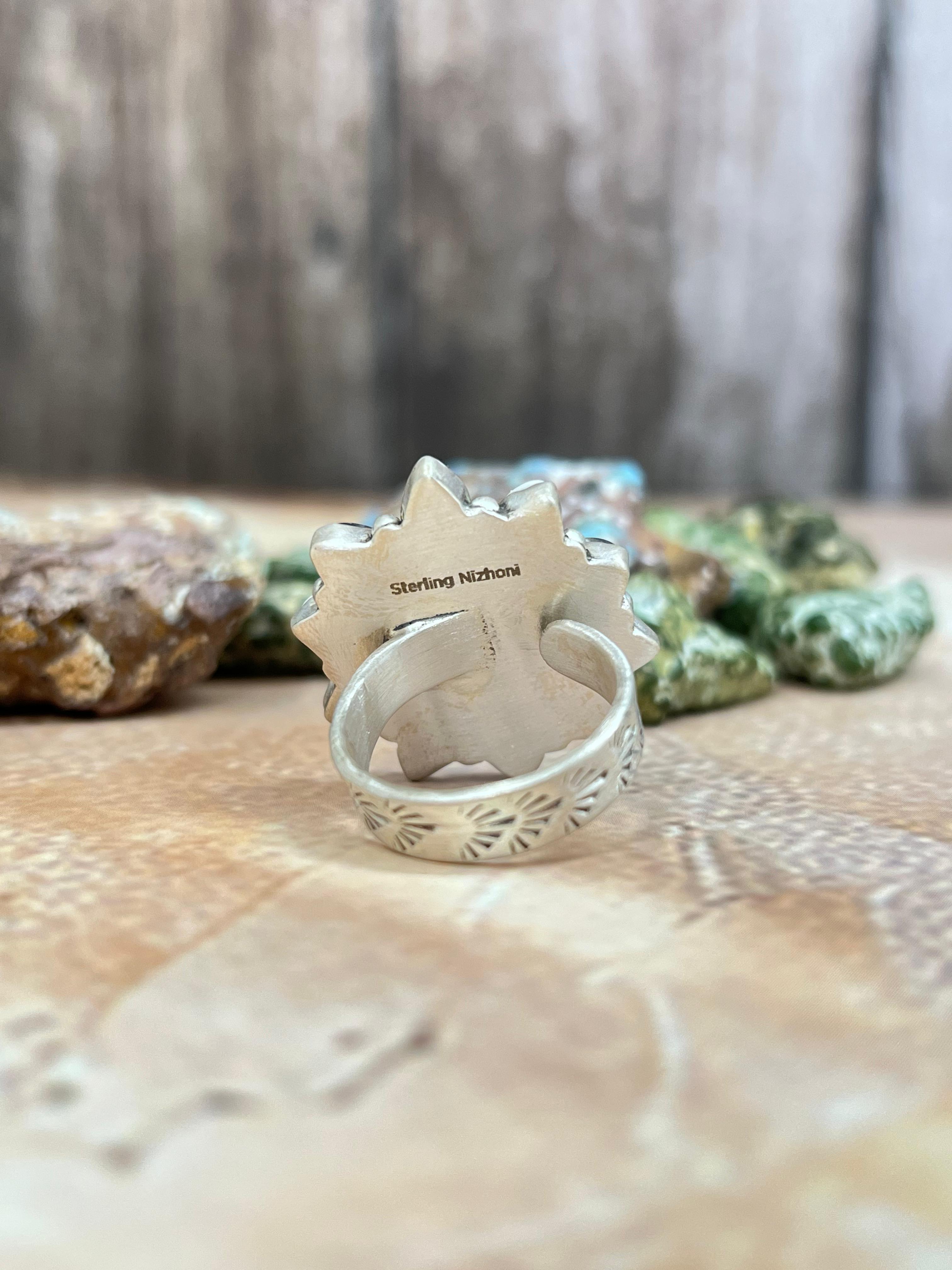 Handmade Sterling Silver Honey White Buffalo Turquoise Adjustable Ring with Signed Nizhoni