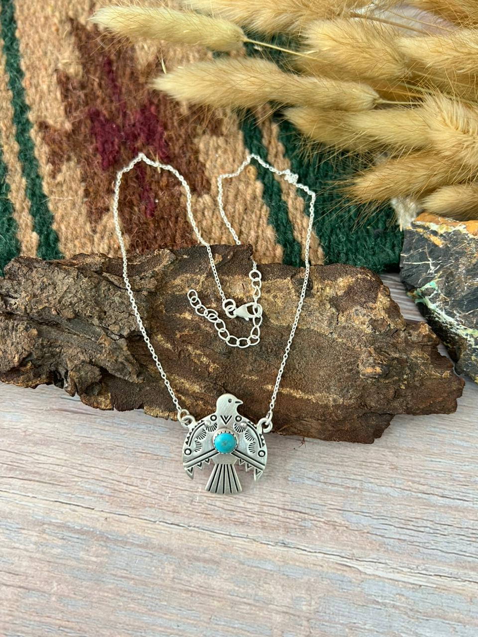Handmade Sterling Silver Kingman Turquoise Thunder Bird Necklace "Signed Nizhoni"