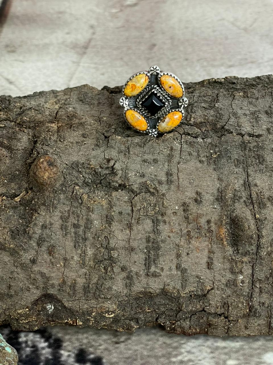 "Halloween Collection" Handmade Sterling Silver Black Onyx, Bumblebee Ring with Signed Nizhoni