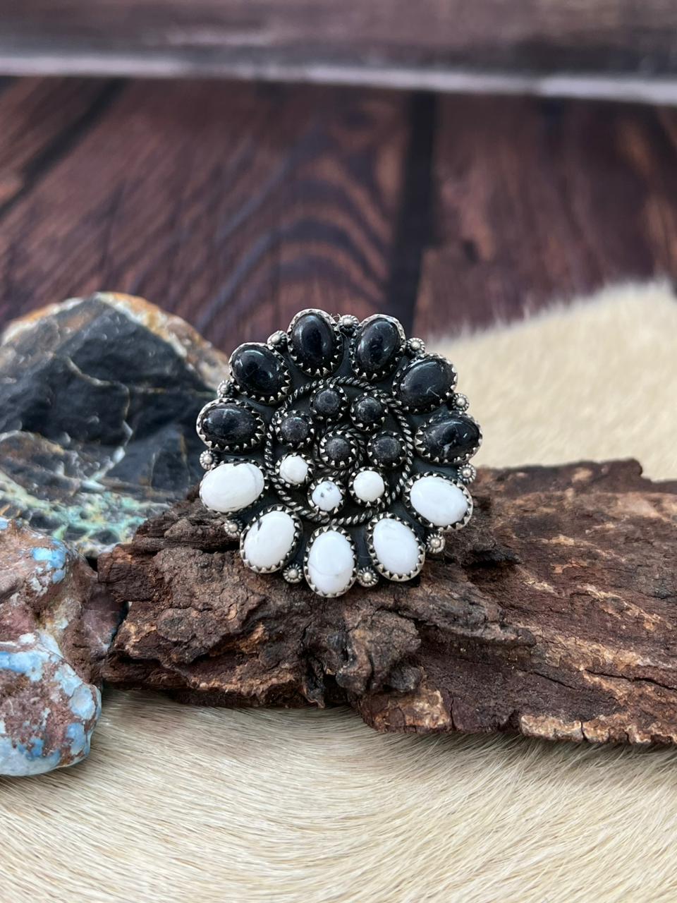 Handmade Sterling Silver White Buffalo Adjustable Ring "Signed Nizhoni"