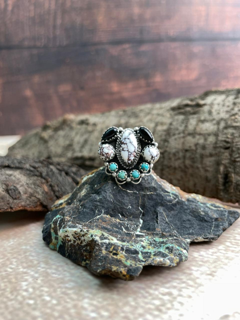 Handmade Sterling Silver Kingman with Wildhorse, Black Onyx Adjustable Ring "Signed Nizhoni"