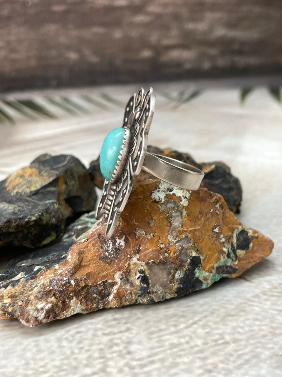 Handmade Sterling Silver Kingman Turquoise Butterfly Adjustable Ring "Signed Nizhoni"