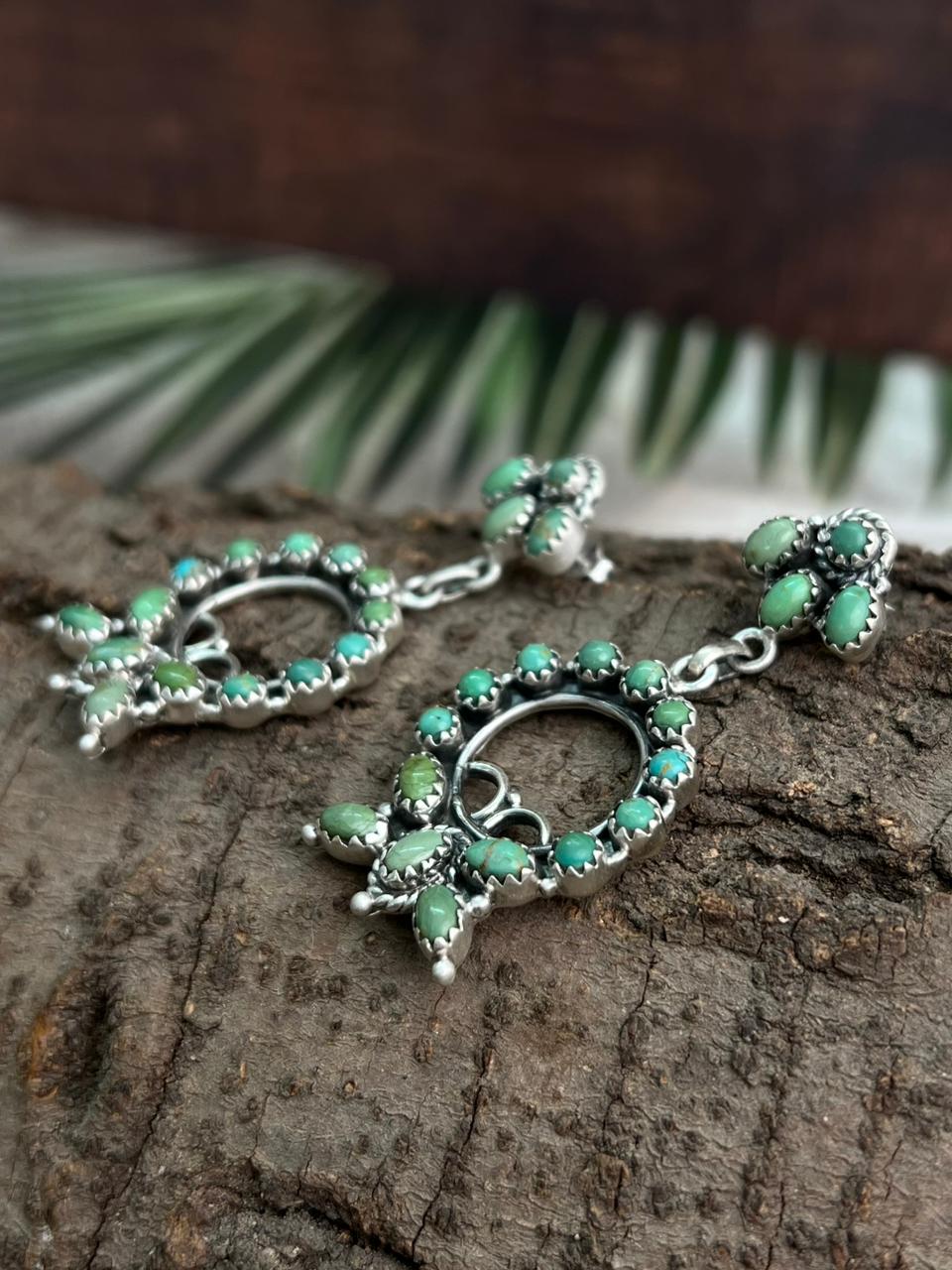 Handmade Sterling Silver Kingman Turquoise Post Dangle Earrings "Signed Nizhoni"