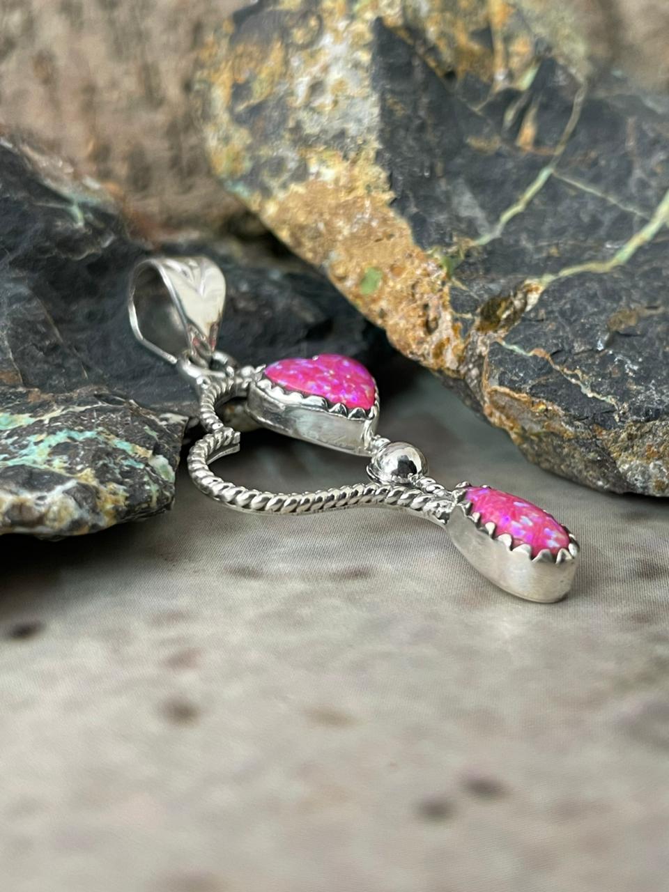 "Heart Collection" Handmade Sterling Silver Hot Pink Pendant "Signed Nizhoni"