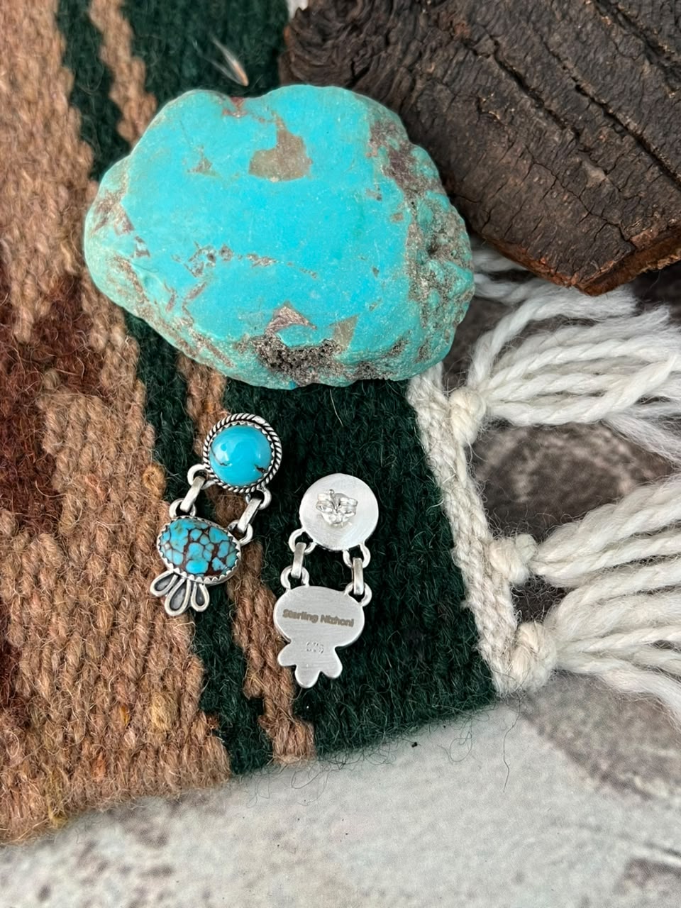 Handmade Sterling Silver Egyptian Turquoise Post Dangle Earrings Signed Nizhoni