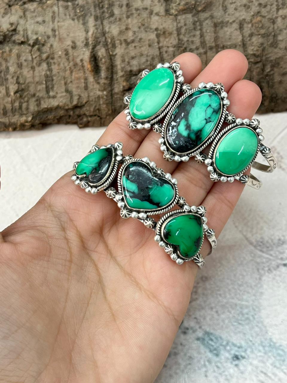 Handmade Sterling Silver Emerald Rose Cuff Bracelet "Signed Nizhoni"