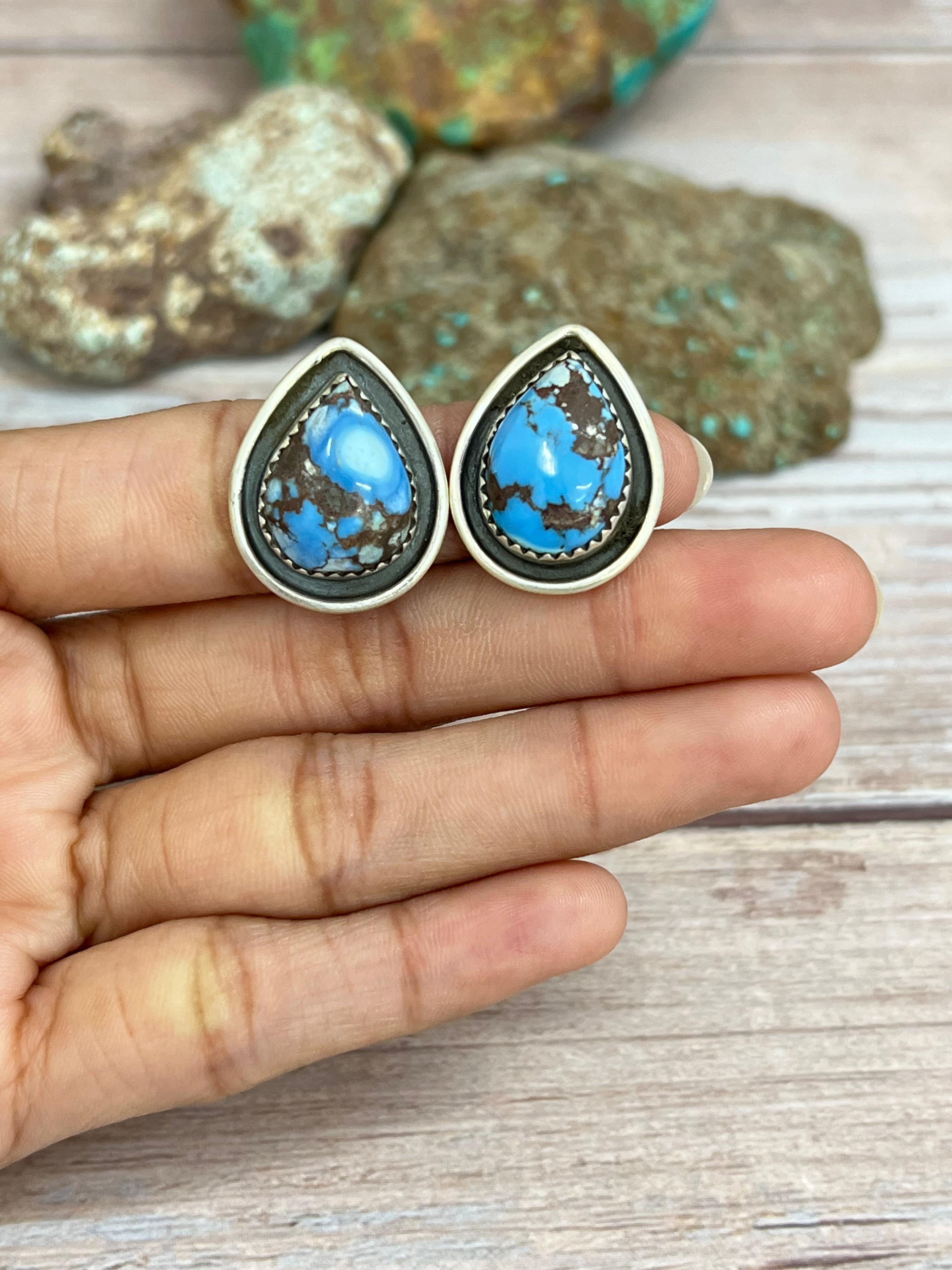 Handmade Sterling Silver Golden Hills Turquoise Post Earrings with Signed Nizhoni