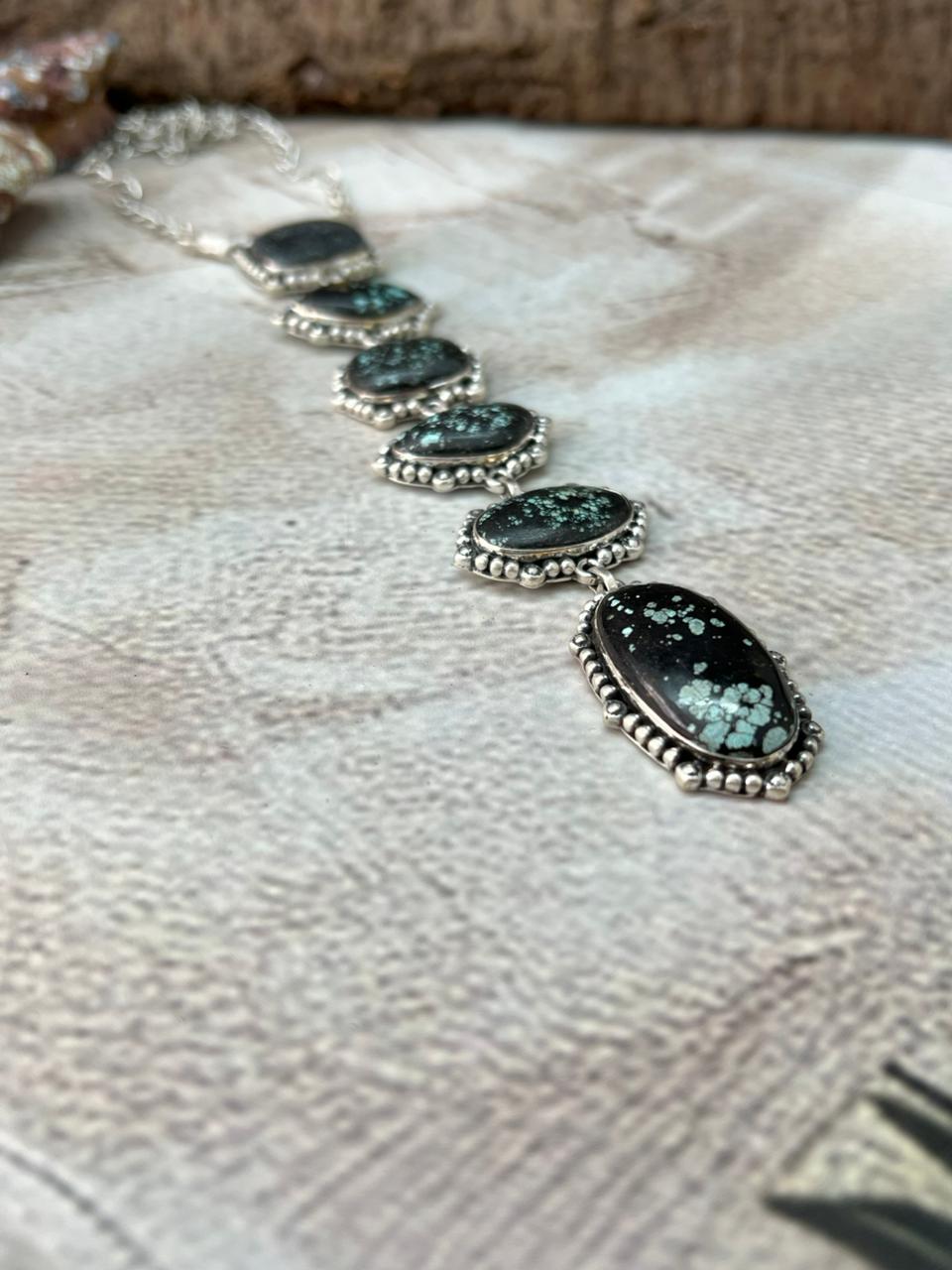 Handmade Sterling Silver Lander Turquoise Necklace with Signed Nizhoni