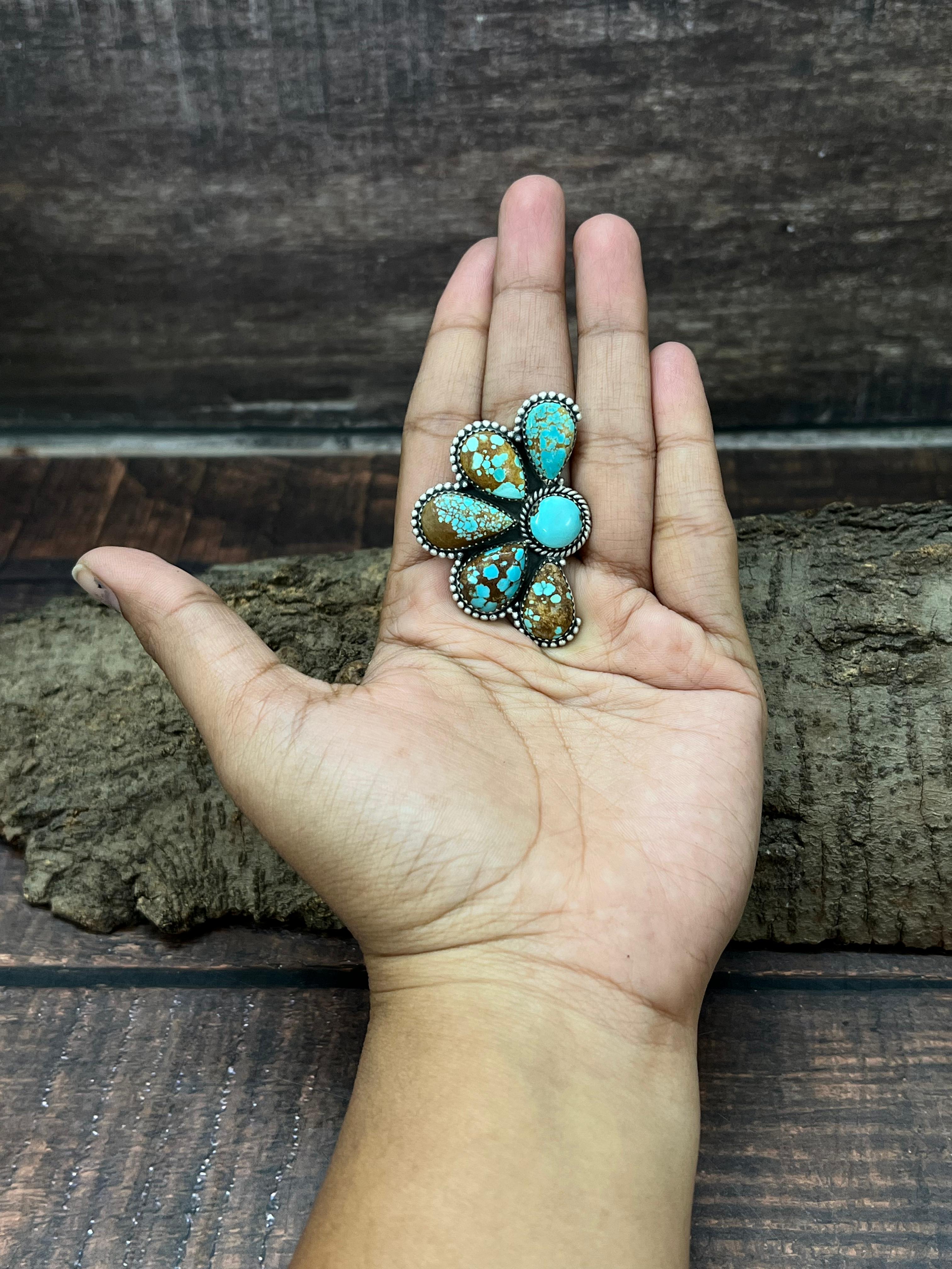 Handmade Sterling Silver Number 8 Turquoise Adjustable Ring with Signed Nizhoni