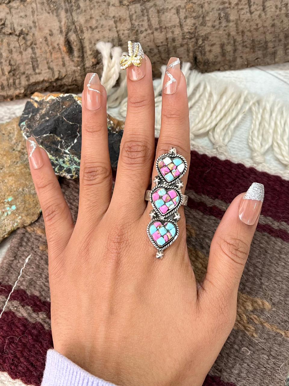 Handmade Sterling Silver Cotton Candy Heart Shape Adjustable Ring "Signed Nizhoni"