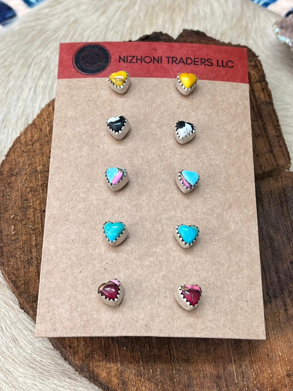 Handmade Sterling Silver Multi Stone Heart Shape Studs Earrings Set