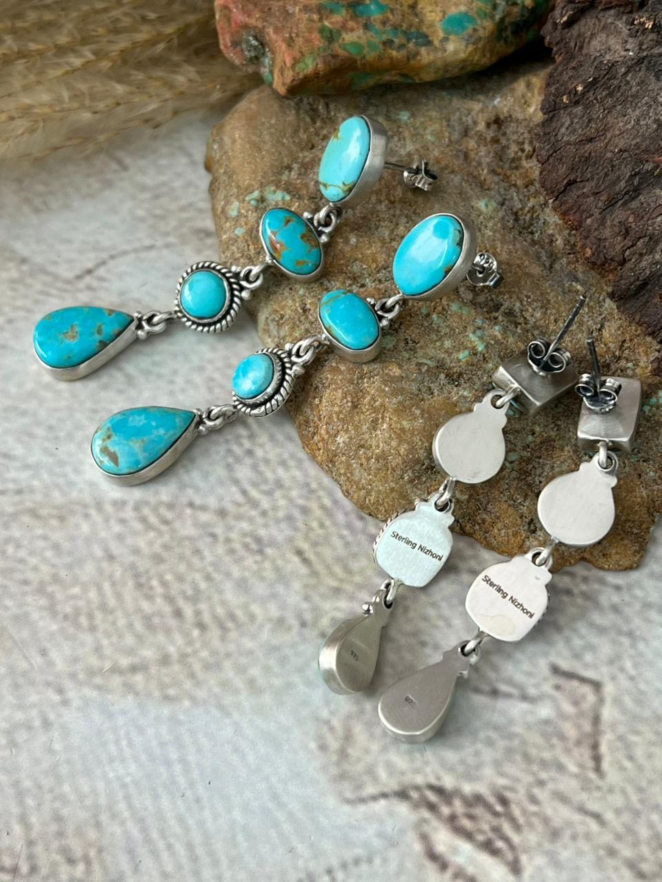 Handmade Sterling Silver Santa Maria Turquoise Post Dangle Earrings "Signed Nizhoni"