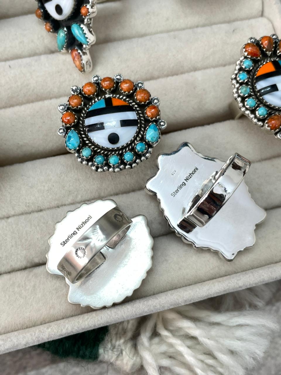Handmade Sterling Silver Turquoise and MOP adjustable Ring "Signed Nizhoni"