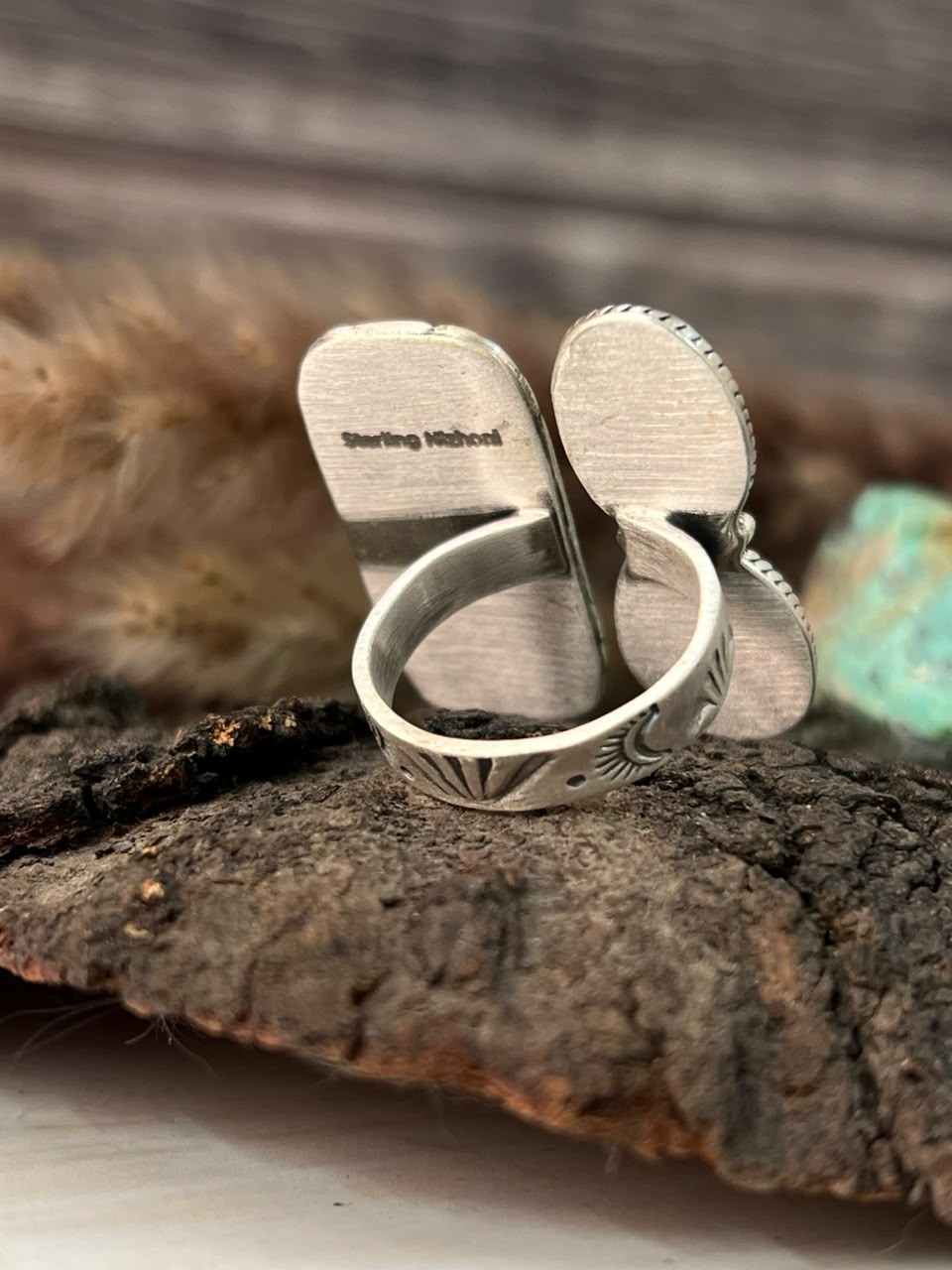 Handmade Sterling Silver Paloma with Blue Kingman Turquoise Adjustable Ring Signed Nizhoni