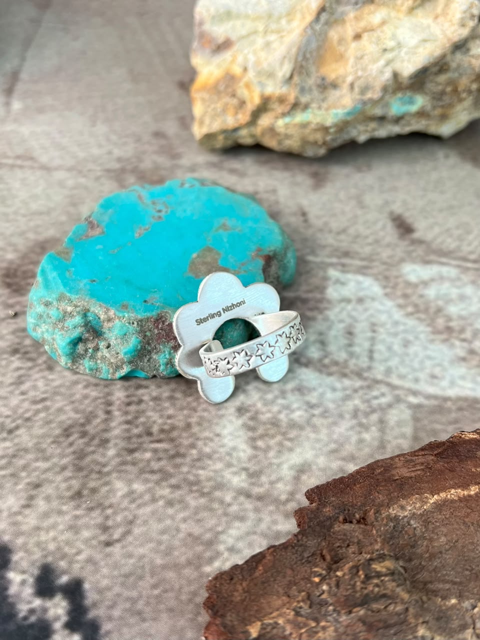 Handmade Sterling Silver Carico Lake with Cotton Candy and Palomino Turquoise Naja Adjustable Ring Signed Nizhoni