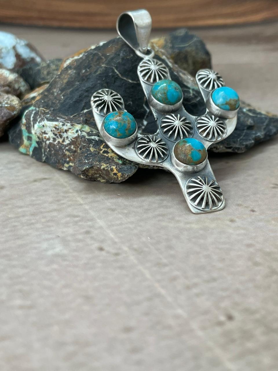 Handmade Sterling Silver Kingman Turquoise Cactus Pendant "Signed Nizhoni" (10)