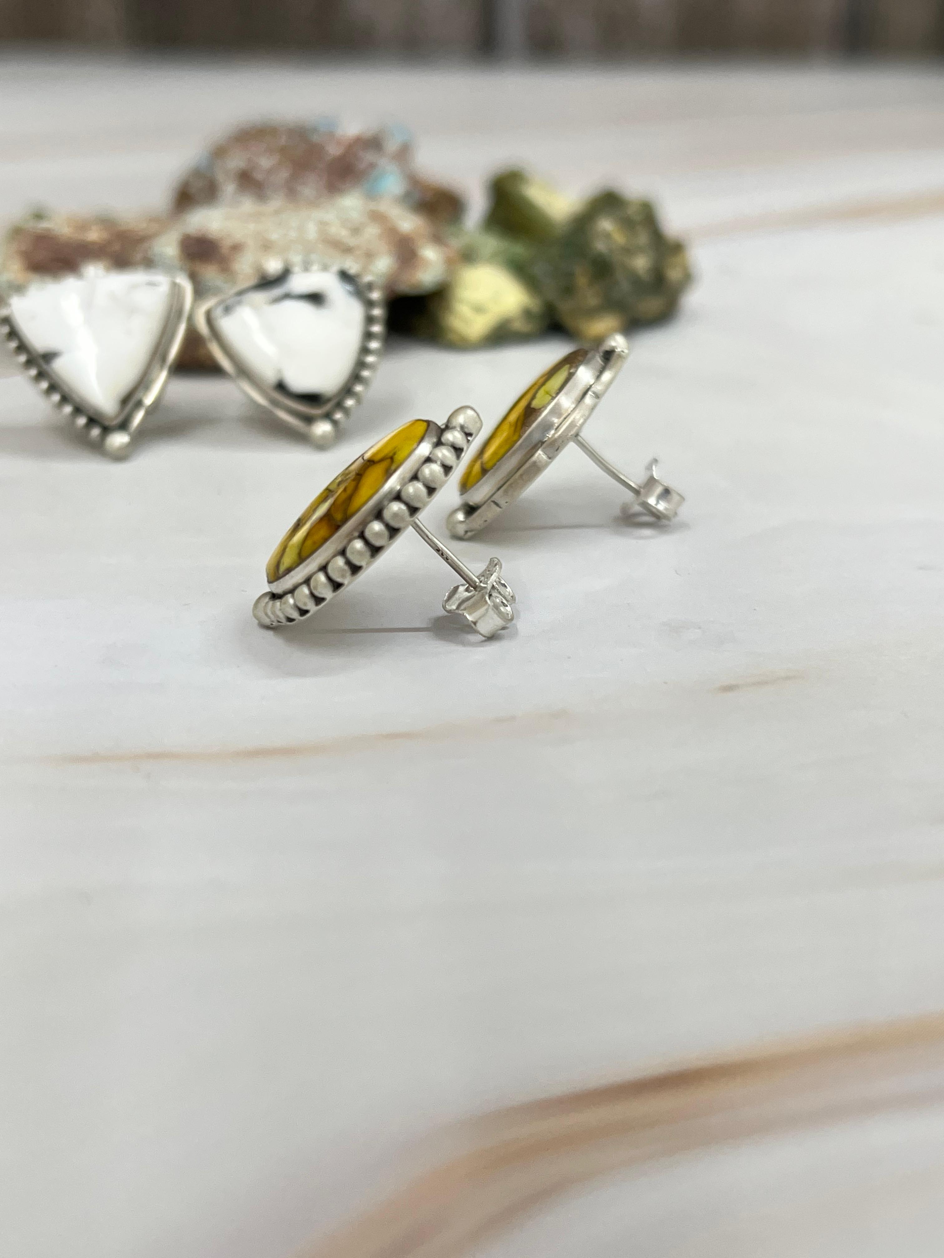 Handmade Sterling Silver Honey Dahlia, White Buffalo Turquoise Earrings with Signed Nizhoni